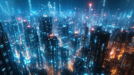 Fototapeta premium Futuristic city skyline, digital art, glowing lights, urban landscape, aerial view, night scene, high-rise buildings, tech concept