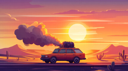 Broken car on road in desert at sunset. Vector cartoon illustration of accident, breakdown in trip. Desert landscape with highway and auto with luggage on roof and smoke from open hood