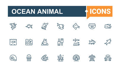 Ocean Animal modern icon set. Containing underwater, water, animal, aquarium, fish and more. Underwater Animal modern icon set. Expanded stroke. Solid line editable stroke. Vector collection.