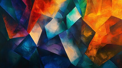 A textured abstract painting with geometric shapes, featuring a blend of cool blues and greens, warm oranges and reds, and visible brushstrokes.