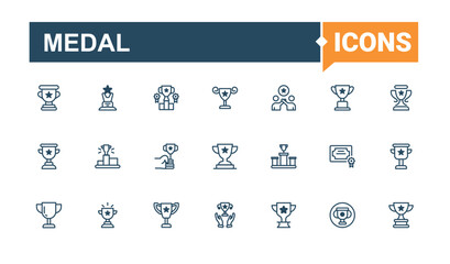 Medal icon set in linear style. Contains such icon as competition, cup, achievement, sport, championship, win, honor and more. Trophy simple icons set. Editable vector outline and solid icons.