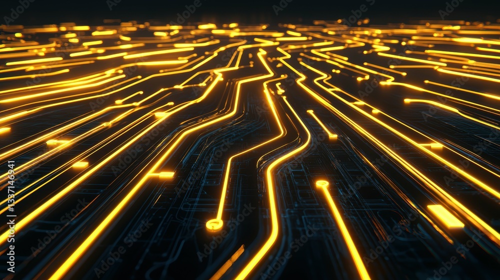 Poster dynamic glowing lines creating a network in technology landscape digital art futuristic environment 