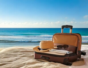 Photo of luxury travel concept: suitcase, passport, and sunglasses on a bed with ocean view, bright and inviting, with copy space for branding.