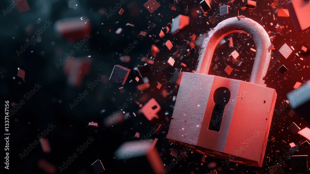 Poster digital security concept abstract environment 3d graphics polygonal padlock dissolving into digital 