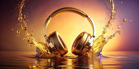 Fototapeta premium Luxury Gold Headphones Minimalist Splash Water Pastel Background