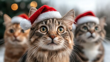 This charming image features three adorable cats wearing Santa hats, perfectly capturing the festive spirit in a cozy, wintry outdoor setting filled with holiday cheer.