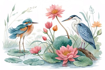 Exquisite Watercolor Bird & Floral Clipart Set Kingfisher, Heron, Water Lilies & Lotuses in Vivid Detail &ndash; Perfect for Art, Decor, and Design Projects