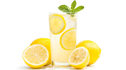 A glass of lemonade with a few slices of lemon on the side. The glass is half full and the lemon slices are scattered around the glass