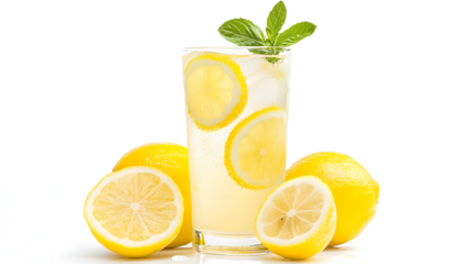 A glass of lemonade with a few slices of lemon on the side. The glass is half full and the lemon slices are scattered around the glass