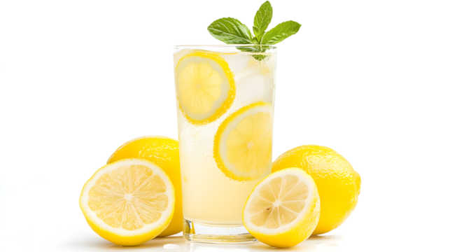 A glass of lemonade with a few slices of lemon on the side. The glass is half full and the lemon slices are scattered around the glass