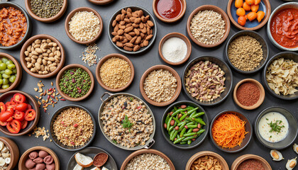 Fototapeta premium Assorted ingredients in wooden bowls on a dark background 