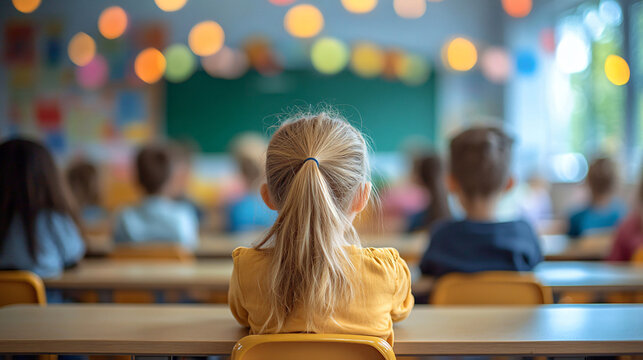 Dreamy blurred classroom scene featuring children, ideal for education themes, parent-teacher meetings, open house events, and children's learning materials.