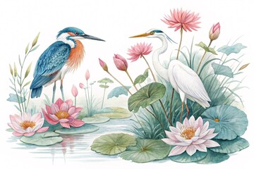 Naklejka premium Exquisite Watercolor Bird & Floral Clipart Set Kingfisher, Heron, Water Lilies & Lotuses in Vivid Detail – Perfect for Art, Decor, and Design Projects
