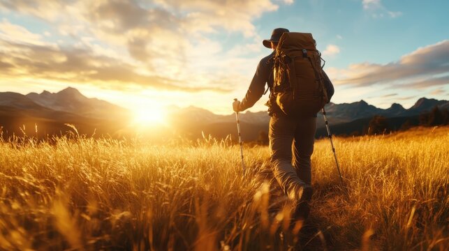 A hiker is seen strolling through a golden field at dusk, encapsulating the essence of adventure, serenity, and the peaceful transition from day to night in nature's embrace.