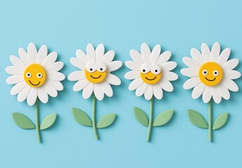 Cheerful paper daisies with smiling faces against a light blue background, perfect for spring decor and joyful celebrations