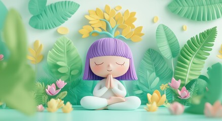 Serene girl meditating amidst vibrant tropical foliage and blossoms, embracing nature's calm and tranquility