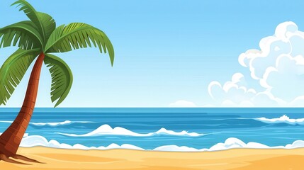 Obraz premium Tropical Beach Scene Palm Tree Ocean Waves and Sunny Sky