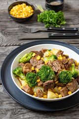 Beef Steak broccoli potato corn stew in bowl