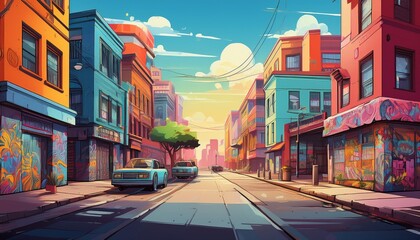 Obraz premium Comic cartoon urban street scene with diverse architectural styles