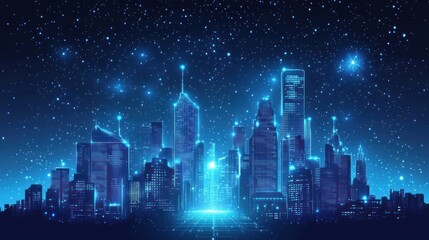 Futuristic city skyline at night with glowing lines, starry sky, possible use for technology background