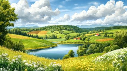 Rural landscape with lake, fields, trees and clouds in sky. Summer nature scene with garden, farm fields on hills, green grass and river, vector cartoon illustration