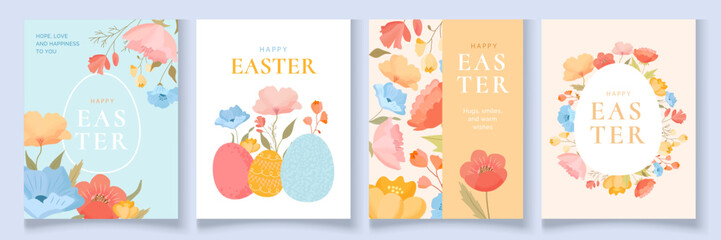 Set of stylish Easter greeting cards featuring festive elements, rabbits, eggs, and flowers. Perfect for seasonal designs, postcards, posters, and social media graphics.