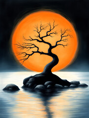 A surreal image of a bare tree with twisted branches standing on rocks in a calm body of water, against the backdrop of a glowing orange full moon, creating a striking contrast.