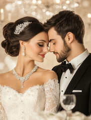 A stunning close-up of a bride and groom, foreheads touching in a loving moment. The bride wears an exquisite off-shoulder gown with a sparkling necklace, and the groom is dressed in a tuxedo.