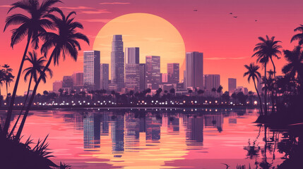 Obraz premium Sunset city skyline architecture near the bay waterfront. Modern megalopolis with palm trees, skyscrapers reflecting in water surface under pink sky panoramic background, Cartoon vector illustration