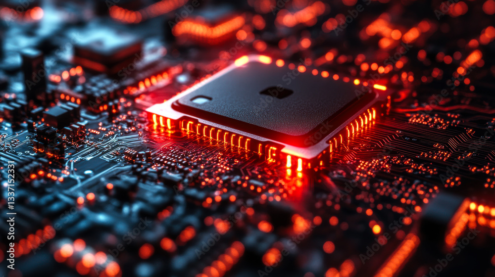 Poster close-up view of a glowing microchip on a circuit board surrounded by intricate patterns