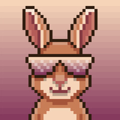 Fototapeta premium Pixel art illustration of a cool rabbit sporting stylish sunglasses, perfect for a retro or playful aesthetic. Ideal for gaming assets, social media icons, and unique merchandise