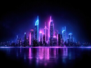 Fototapeta premium Futuristic city skyline illuminated by neon lights reflecting on water at night