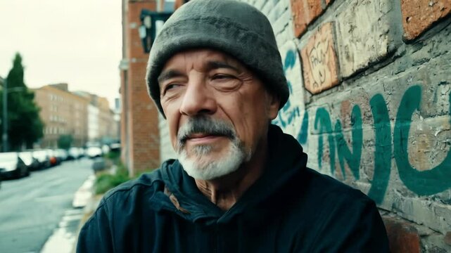 Homeless elderly man with gray beard wearing a beanie and black jacket standing against a graffiti wall on the street. Concept of homelessness, poverty, street life, hardship, survival, social issues