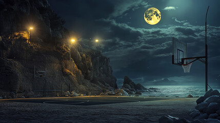 Night basketball court on seashore. Vector cartoon illustration of dark playground for outdoor sport activities illuminated by street lamps, sea beach with rocky stones, moon and stars glowing in sky