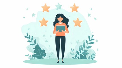 Obraz premium Tablet screen displaying review stars as a girl interacts, emphasizing customer experience, online testimonials, and service evaluation, artistic comic book style