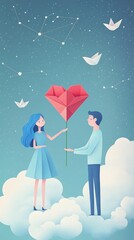 Obraz premium Whimsical illustration of a man offering a paper flower to a woman standing on a cloud, under a starry sky with constellations and origami paper birds.