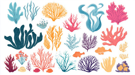 Seaweed and coral cartoon vector illustration set. Underwater ocean and aquarium plants and creatures. Various aquatic colorful marine algae and oceania sponge. Wildlife natural seabed flora.