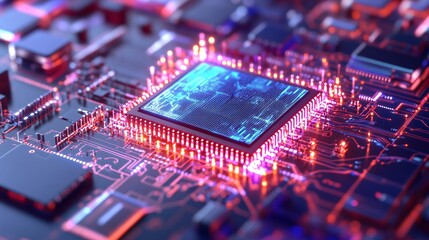 Obraz premium Abstract microchip design, vibrant colors highlighting technology, futuristic circuit board theme with copy-space for text.