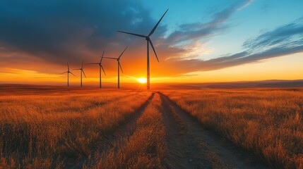 Obraz premium Sunset wind turbines in open field landscape photography rural environment golden hour view
