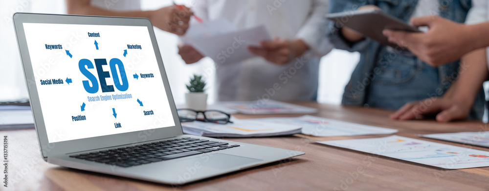 Poster SEO search engine optimization for brisk e-commerce and online retail business showing on computer screen