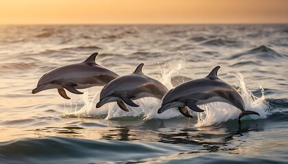 Dolphins Leaping From Ocean at Sunset Marine Wildlife Scene