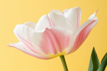 Obraz premium Delicate pink and white tulip petals against a bright yellow background, capturing nature's elegance in blooming spring beauty