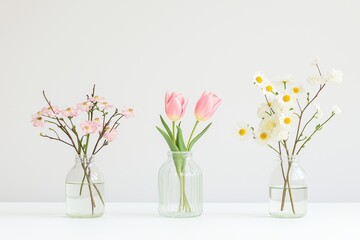 Obraz premium Elegant floral arrangements in glass vases delicate pink tulips, cherry blossoms, and daisies against a soft neutral background