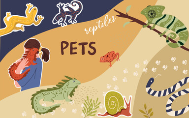 Collage, horizontal background, set of portraits of adorable pet owners and cute pets. Hand drawn vector illustration.