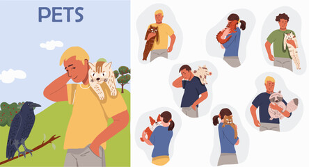 Set of portraits of adorable pet owners and cute pets. Hand drawn vector illustration.