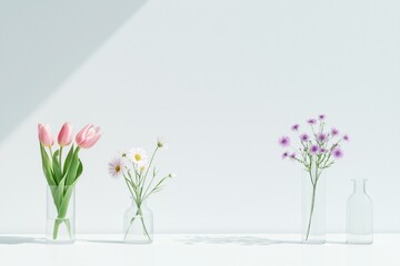 Fototapeta premium Elegant arrangement of tulips, daisies, and wildflowers in clear vases against a soft minimalistic background