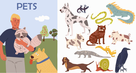 Set of portraits of adorable pet owners and cute pets. Hand drawn vector illustration.