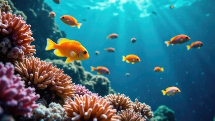 Obraz premium tropical yellow coral fish swim among colorful corals in clear blue ocean. Diving, snorkeling underwater. Marine life background, underwater ecosystem diversity and importance of ocean conservation