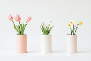 Fototapeta premium Elegant floral arrangement in minimalist vases pink tulips, delicate white daisies, and fresh greenery on a soft background for home decor inspiration