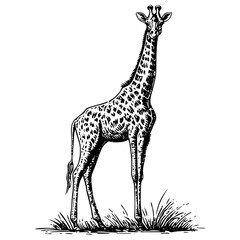 Naklejka premium Elegant vintage illustration of a giraffe standing gracefully among the grass